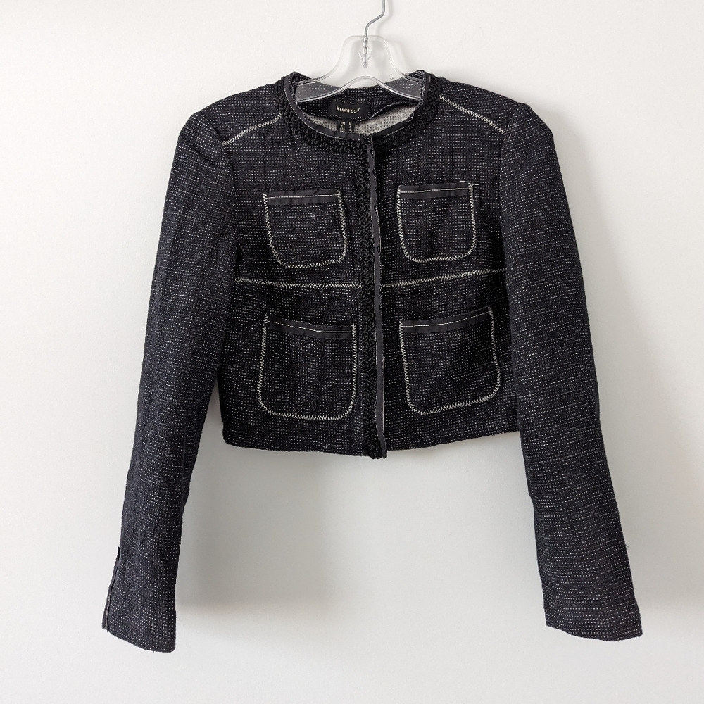 Chic Mango Suit Textured Jacket in Black - Size M Cotton Linen